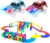 PicassoTiles 50 Piece Race Car Track Building Block Educational Toy Set Magnetic Tiles Magnet DIY Playset 2 Light Up Car STEM Learning Construction Kit Hand-Eye Coordination Fine Motor Skill Training