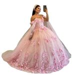 Vjjllst Women's Off Shoulder Quinceanera Ball Gowns 3D Flower Long Prom Formal Wedding Evening Party Dress with Shawl, Pink, 4