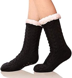 SDBING Women's Super Soft Warm Cozy Fuzzy Fleece-lined Winter Knee Highs Slipper socks (Black)