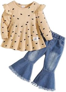 Doresbebe 9-12 Month Baby Girl Clothes Todder Girls Outfits Long Sleeve Heart Printed Shirts Apricot Top Denim Bell Bottom Jeans 2 Piece Fall Winter Girl Outfits Set