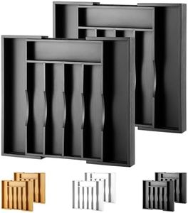 oridom 2-Piece Expandable Bamboo Kitchen Drawer Organizer for Cutlery and Utensils, Adjustable Bamboo Wood Cutlery Tray in Drawer for Flatware and Silverware in Kitchen, (Black)