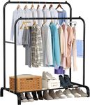 Holdfiturn Clothes Rail Metal Double Pole Clothing Rail for Bedroom 144 * 110 * 55cm Hanging Rails Heavy Duty Clothes Rack Coat Rack with Hooks and Shoe Storage Shelf Black