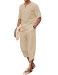 COOFANDY Men's 2 Pieces Linen Set Henley Shirt Short Sleeve and Harem Capri Pants Wide Leg Baggy Beach Yoga Trousers Outfits