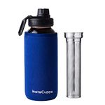 InstaCuppa Borosilicate Glass Water Bottle 1000 ML with Full Length Stainless Steel Infuser, Fruit Infused Detox Recipes eBook, Time Markings, Sports Sipper Lid, Removable Neoprene Sleeve,Blue