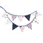 G2PLUS Double Sided Fabric Bunting Banner, Two Layer Triangle Nautical Bunting, 3.3M with 12PCS Nautical Pirate Pennants, Cotton Shabby Chic Garland for Bedroom Brithday Tea Party Decorations-White and Blue