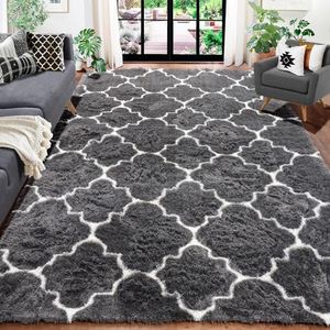 Amdrebio Dark Grey and White Area Rugs for Living Room, 5x8 Rug, Soft Modern Geometric Rug for Boys Bedroom, Fluffy Floor Thick Rugs for Classroom Dorm, Shag Moroccan Carpet for Mens Room Decor