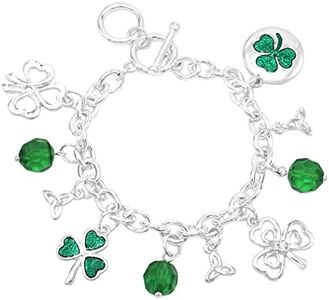 Rosemarie & Jubalee Women's Stunning Green Shamrock Silver Tone St Patrick's Day Good Luck Clover Charms Bracelet, One Size, Metal, crystal