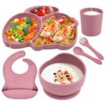 Hoseay Baby Led Weaning Set Silicone Baby Feeding Set 6 Pcs with Suction Plate Bowl Cup Bib Fork Spoon Baby Plate Set First Meal Cutlery for Toddlers Babies Kids, Pink Rabbit