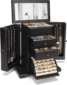 Jewelry Box for Women, Rustic Wooden Jewelry Boxes & Organizers with Mirror, 4 Layer Jewelry Organizer Box Display for Rings Earrings Necklaces Bracelets (Black)