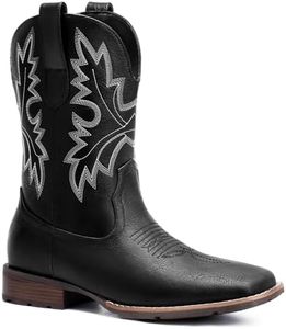 Lumeheel Cowboy Boots for Men - Western Square Toe Men's Black Boots with White Classic Embroidered, Slip on Chunky Heel for Spring Fall 9M Wide