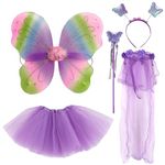 BDSHUNBF 5 Pcs Fairy Wings Fairy Costume for Girls, Fairy Dressing up Costume for Girls, Fairy Wings Kids Butterfly Wings Kids, Butterfly Fairy Wings, Magic Wand, Tutu and Headband Fairy Costume Set