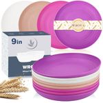 Wrova Wheat Straw Plates - 9 Inch Unbreakable Dinner Plates Set of 8 - Dishwasher & Microwave Safe Plastic Plates Reusable - Lightweight Plates for kitchen,camping.Pink-Purple-White