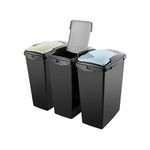 Addis Recycling 40 litre waste kitchen plastic bins, Set of 3, modular system with lift lids, Black with delicate Sage Green, Air Blue and Soft Grey