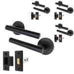 EAI Black Door Handle Latch Set - Pack of 4 | Round T-Bar Internal Door Handles & Latch (64mm) | Matt Black Lever on Rose Oliena Range