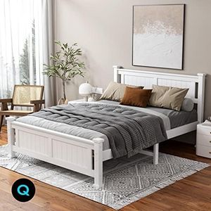 ALFORDSON Queen Bed Frame Wooden Bed Base with Solid Wood Pine Timber Slats, Mattress Base Platform with Storage Space, White Bed Foundation with High Headboard, Arne Series Bedroom Furniture