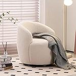 Tkopy Armchair Bucket Chair, Teddy Fabric Swivel Accent Boucle Chair Barrel Chair with Black Swivel Metal Ring, Small Chairs for Living Room Bedroom (Ivory White)