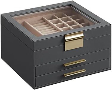 SONGMICS JBC239G02 3 Tier Jewellery Box with Glass Lid 2 Drawers Jewellery Storage Storage Modern Gift Idea 20.3 x 23.1 x 13.5 cm Interstellar Grey Golden