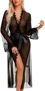 RSLOVE Lingerie for Women Sexy Long Lace Kimono Robe Mesh Chemise Sheer Gown Babydoll Cover Up Black L