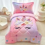 KINBEDY 4 Pieces Rainbow Unicorn Toddler Bedding Set Girls Pink Purple Floral Star Crib Sheets Set Cartoon Bed Comforter Set for Baby Kids | Include Comforter, Flat Sheet, Fitted Sheet, Pillowcase