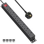 7 Way Extension Lead Power Strip, Rack Mount Power Socket with Mounting Brackets, Wall Mountable Power Socket 6ft Power Cord for Workshop Office Home -Black