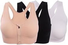 ohlyah Women's Zipper Front Closure Sports Bra Racerback Yoga Bras, 3 Pack: Black Nude White, L