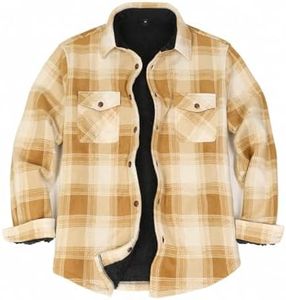 ThCreasa Mens Sherpa Lined Cotton Flannel Jacket Button Down Fall Winter Outdoor Plaid Shirt Jackets Coat for Men Desert Ivory M
