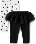 The Children's Place Baby Girls' and Newborn Knit Pull On Pants, Black Ruffle/White Hearts 2-Pack