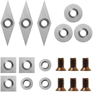DEEFIINE 18 Pieces Tungsten Carbide Cutters Inserts Set for Wood Lathe Turning Tools Include 11 mm Square with Radius, 12 mm and 8.9 mm Round, 30 x 10 mm Diamond with Pointed Point,6 Pieces screws.
