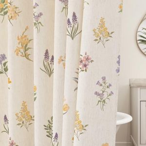 Yellow Floral Linen Shower Curtain, Spring Vintage Farmhouse Style, 72x84