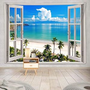Ocean Beach Tapestry, Hawaii Sea Nature Fake Faux Window Art Tapestries Wall Hanging For Bedroom College Dorm Living Tropical Summer Room Office Decor 80X60" Aesthetic Poster
