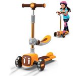 Joyano Foldable Kick Scooter for 2-14 yrs, 2-in-1 with Removable Seat, Bell, 3 Adjustable Heights, Flashing Wheels and Wide Deck, Max Load 110lbs, Indoor/Outdoor Gift for Boy/Girl (Orange)