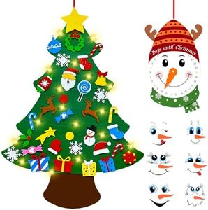 Felt Christmas Tree for Toddlers, 3.5ft Felt DIY Tree Set for Kids Wall with Lights + Snowman Advent Calendar + 6 Face Stickers + 33 Ornaments, Wall Christmas Hanging Tree Decoration, Xmas Activities Gifts
