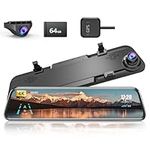 JOMISE 4K 12" Rear View Mirror Camera, Mirror Dash Cam Front and Rear, 2160P Full HD Rearview Mirror, Waterproof Backup WDR Camera,Night Vision, Parking Assist,Speed Alert, Free 64GB Card & GPS- K17