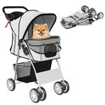 PawHut Pet Stroller for Dogs & Cats, Foldable Pet Travel Carrier with 4 Wheels, Reflective Strips, Brake, Dog Stroller with Removable Washable Pad and Storage Basket, Grey