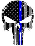 K9King Punisher Skull 5.5 x 4 Inch Tattered Subdued Us Flag Reflective Decal with Thin Blue Line for Cars, Trucks, Laptops and More Thin Blue Line Sticker Police US Flag Enforcement Blue Lives Matter