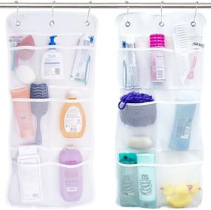 S&T INC. Shower Organizer with Quick Drying Mesh, Bathroom Caddy Organizer with 7 Pockets to Hold Toiletries, Shampoos, Soaps, and Loofahs, 14 Inch by 30 Inch, White, 2 Pack