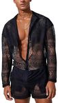 Panegy Men's Summer Casual Leisure Suit Transparent Mesh 2-Piece Sleeve Shirt Shorts Lace Long Sleeve Sets Black Tag Size XL= UK Size L