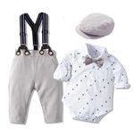 Boys Clothes Set Toddler Kids Gentlemen Suit Long Sleeve Bow Tie Shirts Suspenders Pants Outfits (White+Khaki, 18-24 Months)