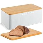 Hossejoy Metal Bread Box with Bamboo Cutting Board Lid, Bread Storage Container for Kitchen Countertop, Modern Bread Bin Holder Breadbox, Kitchen Decor Organizer (White)