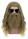 karlery Men Long Curly Golden Brown Mustache Wig Halloween Cosplay Wig Anime Costume Party Wig