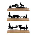 SOFFEE DESIGN Set of 3 Forest Wooden Floating Shelves for Wall Decoration, Adorable Metal Bears & Wolves & Deer Pine Pattern Black Finish Decor