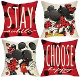 Fjfz Spring Summer Cartoon Mouse Decorative Throw Pillow Covers 18 x 18 Set of 4, Stay Awhile Ladybug Polka Dot Red Porch Outdoor Home Decor, Choose Happy Seasonal Couch Cushion Case