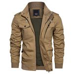 KEFITEVD Mens Army Jackets Casual Air Force Bomber Jacket Trucker Multi Pocket Coat Cotton Khaki(Size:M)