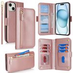 Jaorty for iPhone 15 Phone Case with RFID Blocking Card Holder for Women Men,Phone Case Wallet for iPhone 15 with Wrist Strap,PU Leather Zipper Pocket Credit Card Slots Flip Cover,Rosegold