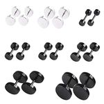 EQLEF 16PCS Mens Stud Earrings Dumbbell Shape, Titanium Steel Rund Earrings Studs in Black and Silver for Men and Women