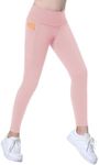 Coralup Girls' Active Leggings Kids Dance Running Yoga Pants Stretchy High Waist Sports Tight Pants with Pockets,Pink,9-10Y