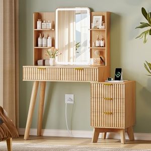 Xixini Fluted Vanity Desk with LED Lights Mirror & Charging Station, Oak
