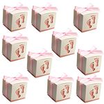 Rasuimpex 2.4" Mini 10Pcs Baby Shower Candy Baby Favor Box (6X6X6)Cm Gift Candy Boxes Party Favor Boxes Paper Treat Boxes With Craft Ribbon & Cute Footprints Confetti For Baby Shower Party (Pink)