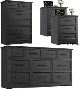 Bedroom Set, 4 Pieces Bedroom Furniture Set, 59"W 10 Drawer Dresser, 44"H 6 Drawer Dresser and 3 Drawers Nightstands with Charging Station, Farmhouse Storage Organizer Cabinet for Bedroom, Black