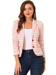 Allegra K Women's Notched Lapel Pocket Button Closure Striped Blazer White Pink Medium